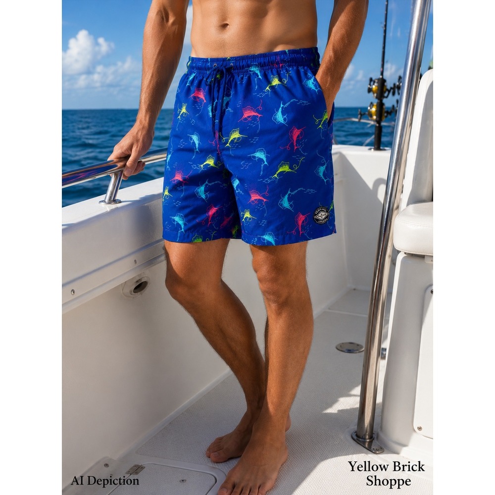 Panama Jack Mens XL Blue Neon Sailfish Print Mesh Lined Swim Trunks Shorts